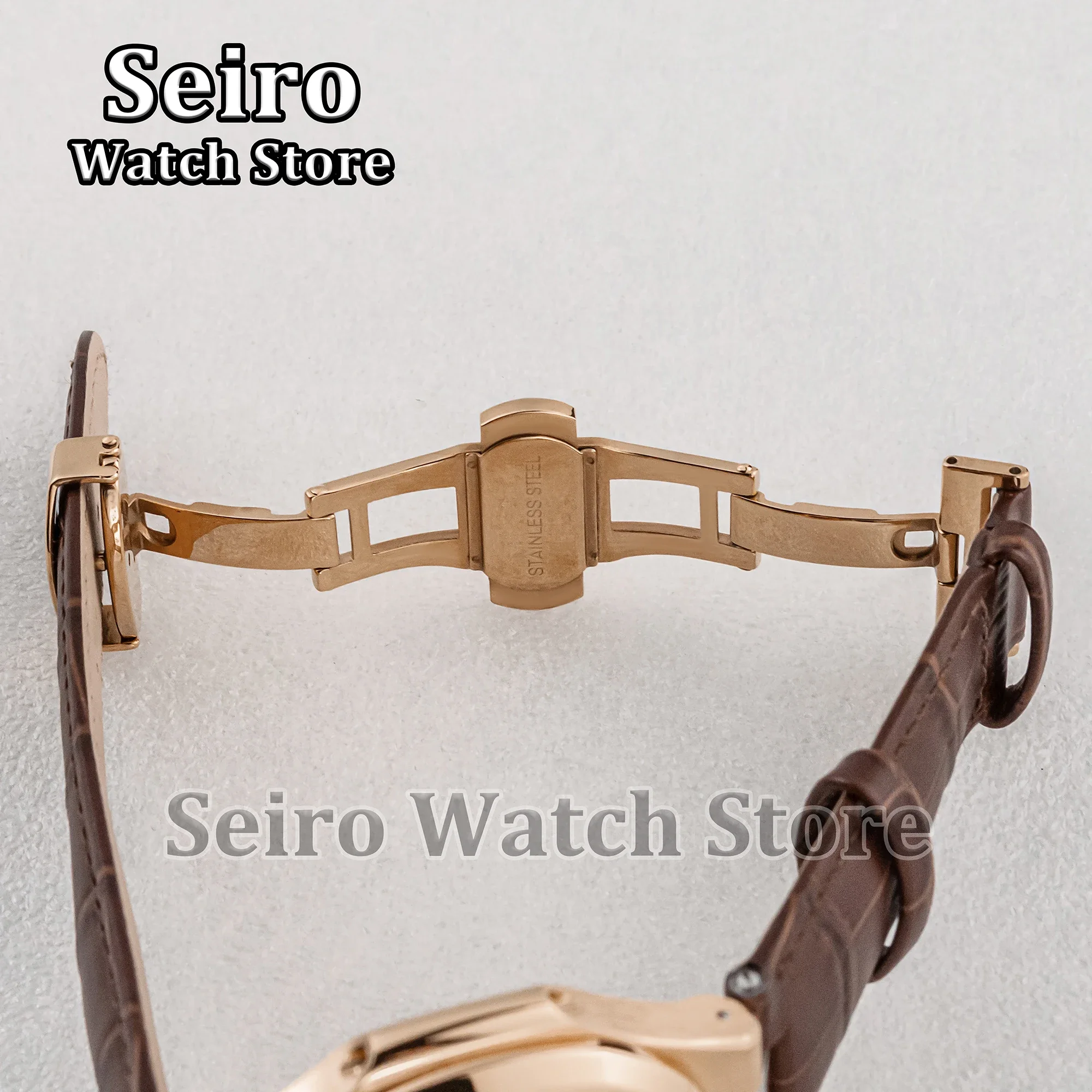 Rose Gold Nautilus NH35 Case Genuine Leather Strap Stainless Steel 100M Waterproof Sapphire Glass Screw Down for NH36 Movement - Image 6