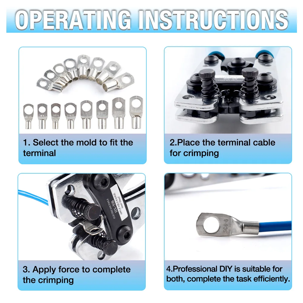 Kit de ferramentas de crimpagem de terminais de fio de bateria 10-1 AWG com cortador, ferramenta de crimpagem de terminais de fio de bateria de 6-50 mm, cortadores de cabo opcionais, terminais, tubos termoencolhíveis