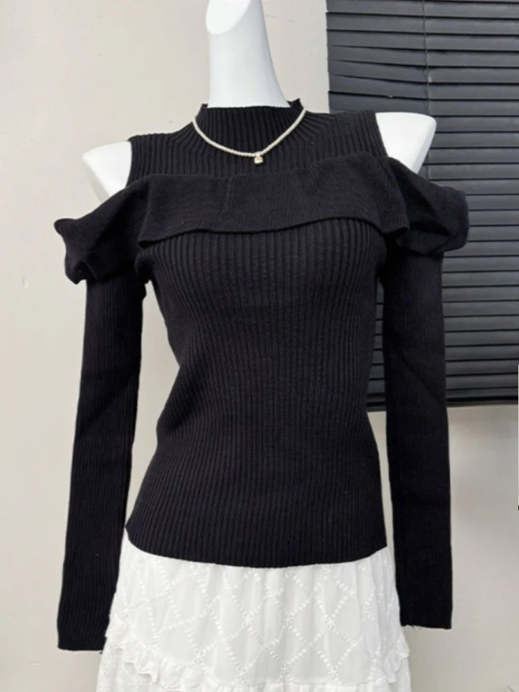 

French Sexy Off Shoulder Long Sleeve Sweater Women Half Turtleneck Pullovers Harajuku Ruffle Black Chic Korean Popular Clothes