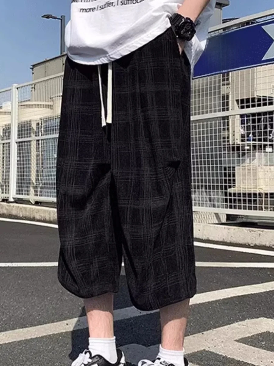 

American Retro Plaid Men's Summer plus Size Casual Loose orts Wide Leg Pants Harajuku Sle mid Waist Elastic Waisand