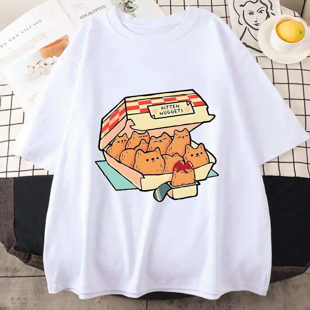 Kitten Nuggets Happy T-Shirt Womens Cute/Kawaii High Street T-Shirts T-Shirts Cat Biscuits Dip Short Sleeve Kawaii Harajuku Y2K