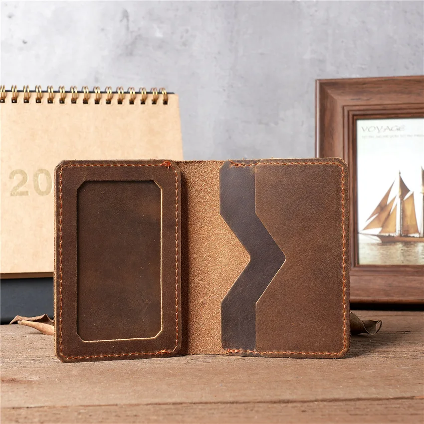 Vintege Wallet Crazy Horse Leather Men's Bag Real Cow Pickup Bag Simple Retro ID Card Driver's License Card Bag