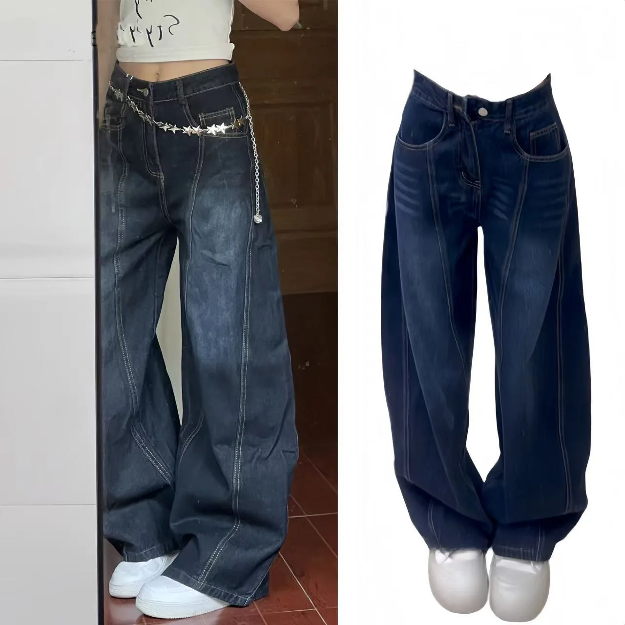 Jean faux à jambes larges brodé rétro américain pour femme, coupe ample, taille haute, pantalon Long, tendance, pour les déplacements