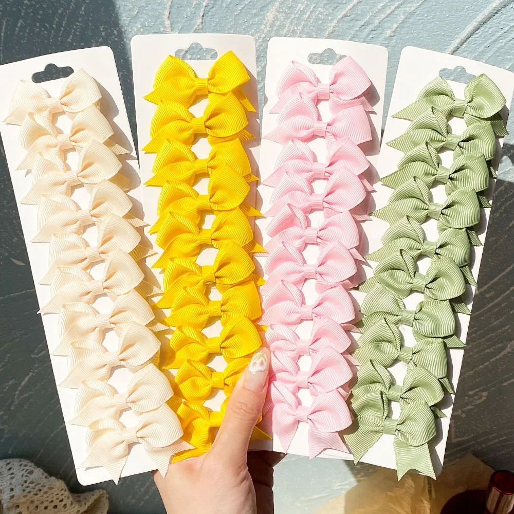 10Pcs/Set Solid Color Hairclips for Kids Grosgrain Ribbon Bows Hair Pin Handmade Headwear Girls Hair Accessories with Papercard