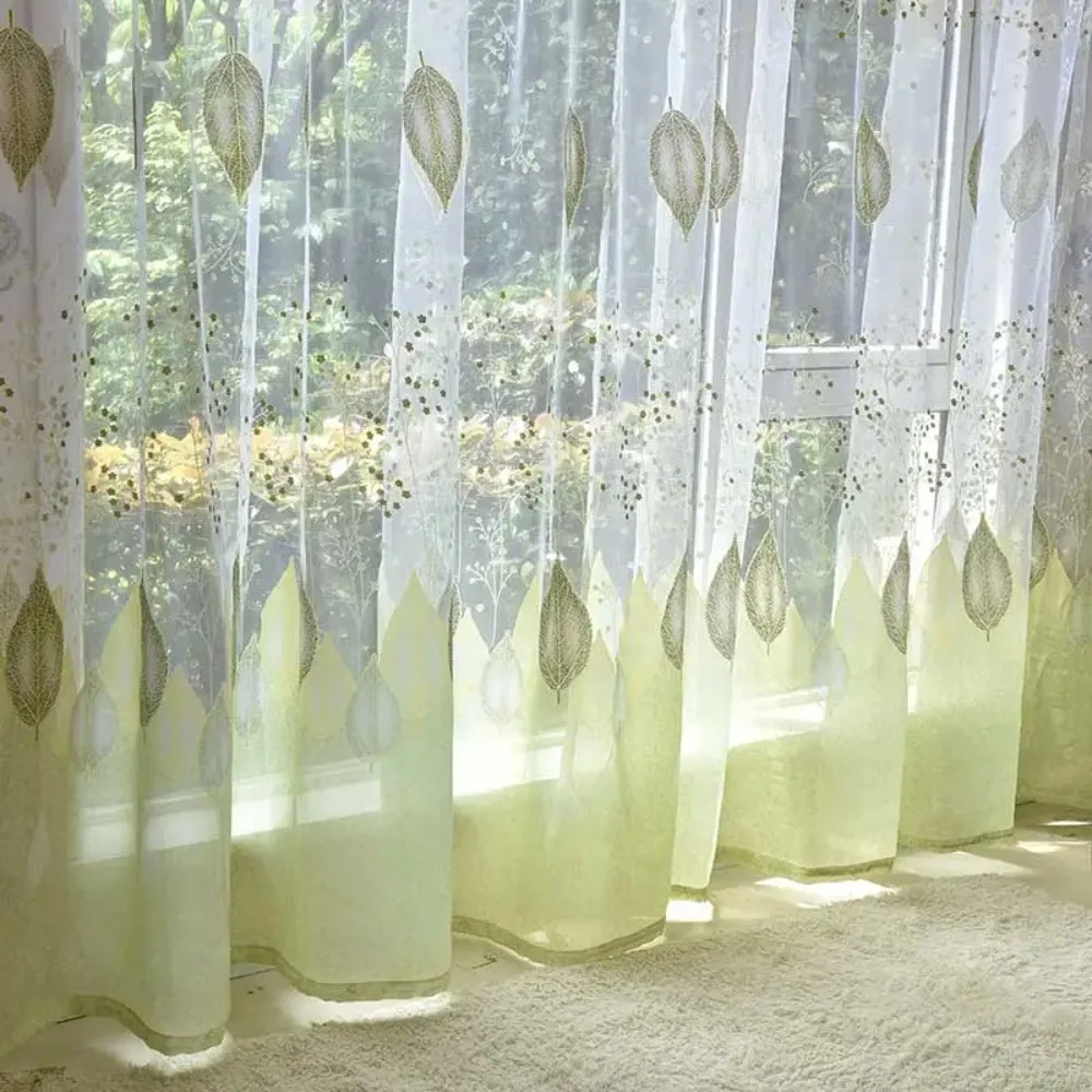 Modern Printed Tulle Curtains for Living Room Bedroom Green Leaf Sheer Voile Curtain for Kitchen Window Screening Blinds Drapes