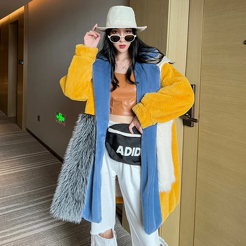 

Fashion Imitation Fur Coat Winter Fur One-Piece Fur Coat Contrast Lapel Blue White Yellow Stitching Warm Long Coat Winter