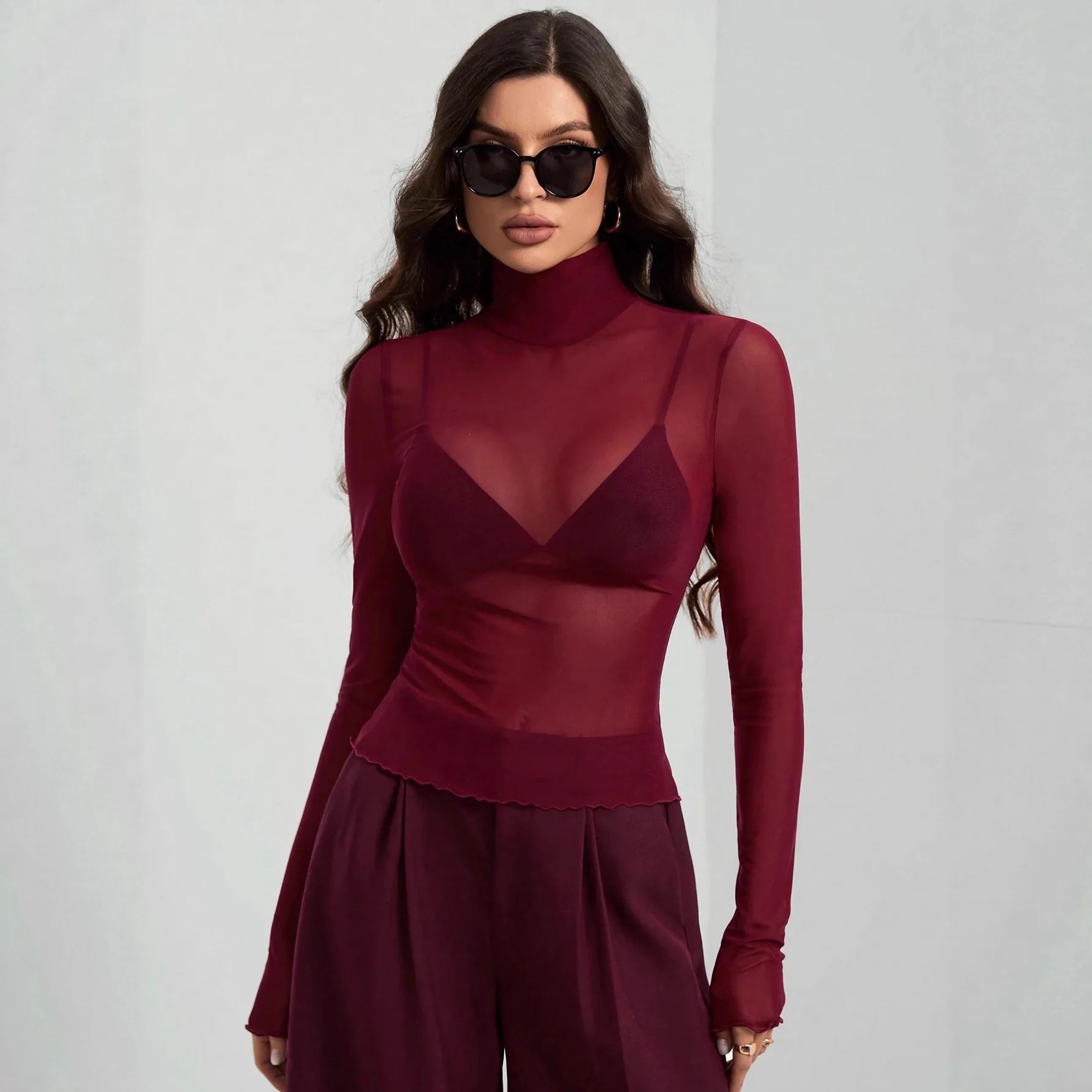 2026 Autumn and Winter New Stand-up Collar Solid Color Mesh Slim-fitting Long-sleeved Slim Temperament Commuter Top Cw66303