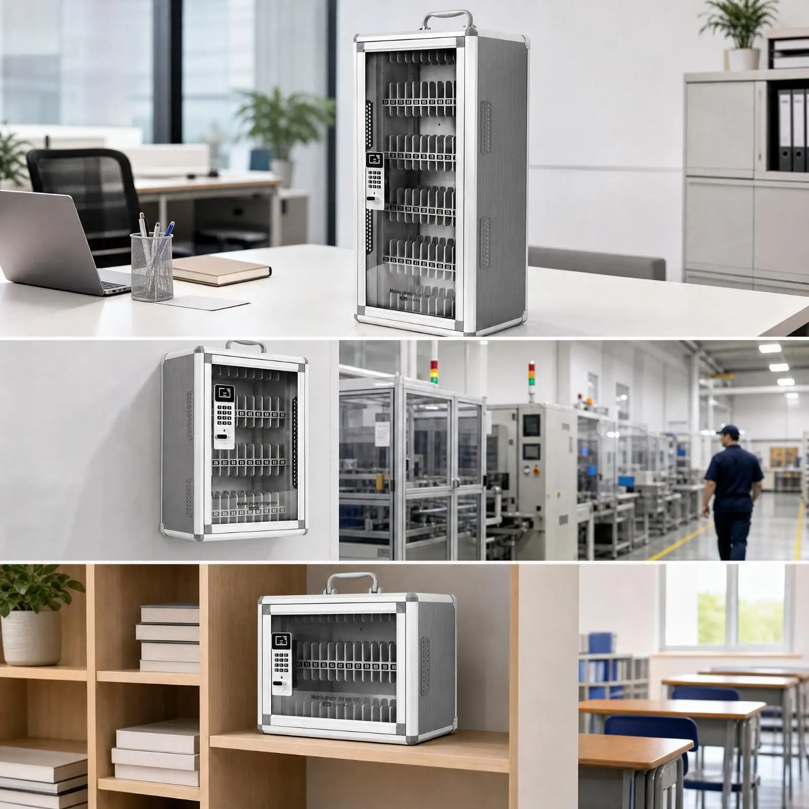 Wall Mountable Phone Storage Unit with Aluminum Frame and PP Divider System for Retail Staff Use