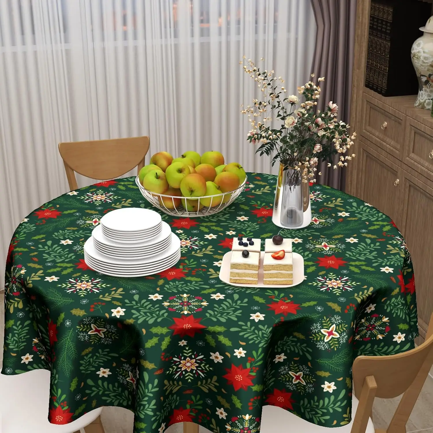 

Xmas Table Cloth Round - Snowflake Tablecloth Winter Poinsettia Floral Table Cover for Dining Kitchen Picnic Party Decor 60 Inch