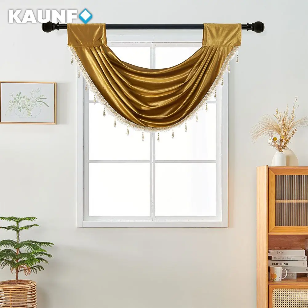 KAUNFO European Style Gold Window Curtain Valance with Fringe Tassel for Kitchen Window Decor Easy Install Rod Pocket 1PC