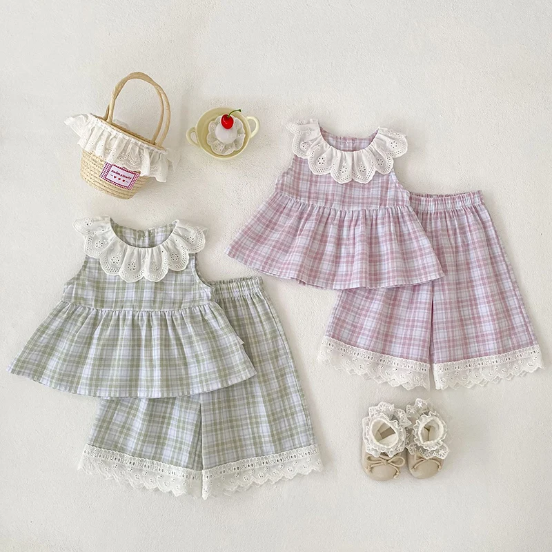 

2026 New Summer Korean Style 0-5Yrs Children Clothes Set Sleeveless cotton Grid splicing vest+pants Baby Girl Clothes Suit