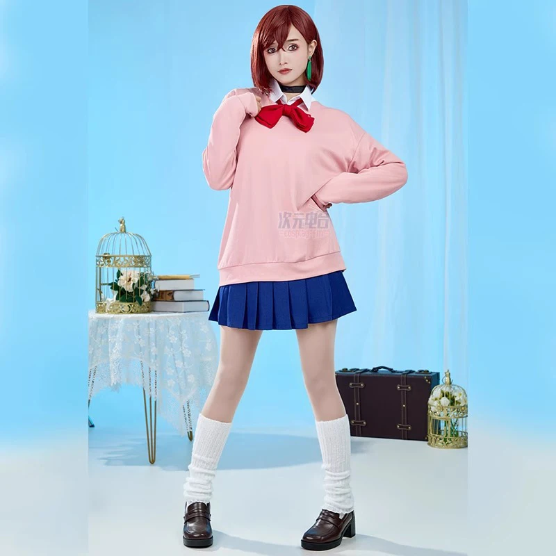 مجموعة أزياء Dandadan Anime School JK التأثيرية الوردية مع تنورة بقلنسوة وأقراط شعر مستعار مومو أيأسه ملابس حفلات الهالوين وأعياد الميلاد