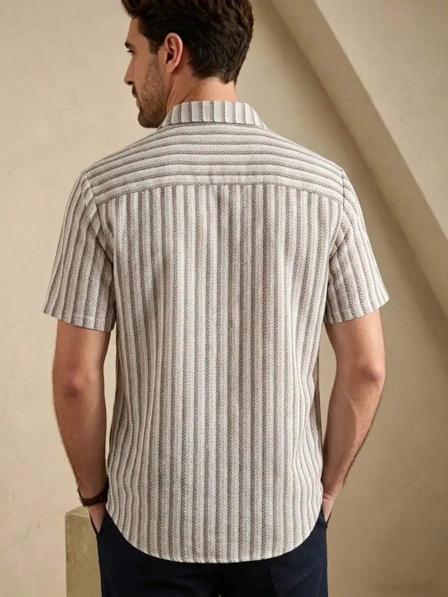 

Mens Short Sleeve Striped Casual Shirt With Turn-Down Collar For Daily Wear