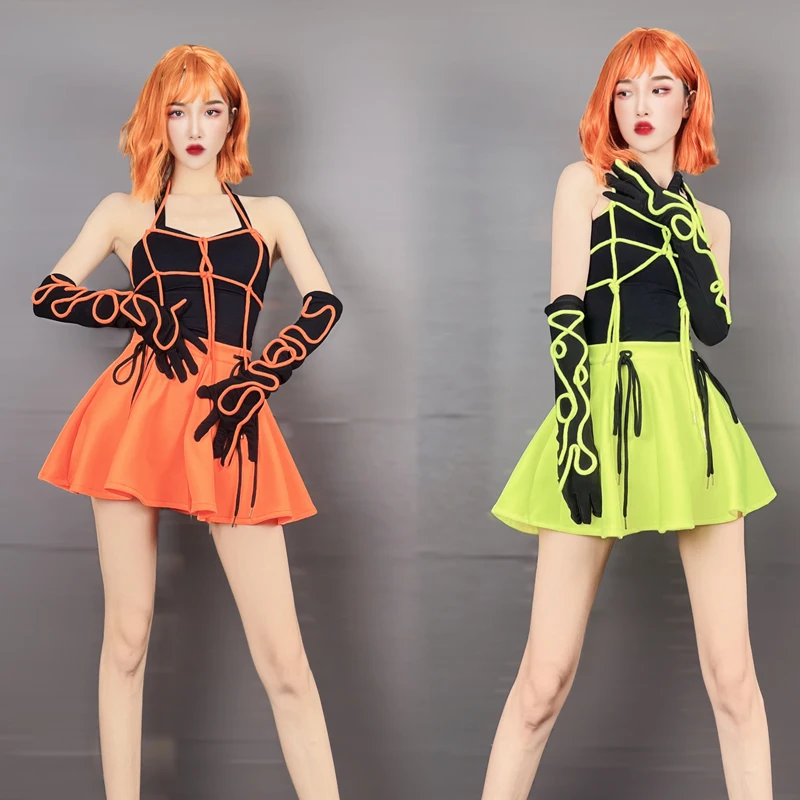 

Orange Green Tutu Dress Women Group Jazz Dance Costumes Hip Hop Clothing Nightclub DJ DS Rave Outfits Stage Show Wear XS6109