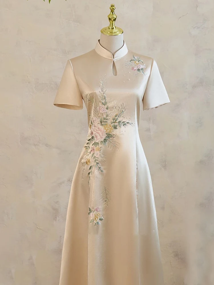 

Удобное повседневное платье-ципао средней длины из полиэфирного волокна для мамы, для свадебных торжеств и ежедневной носки