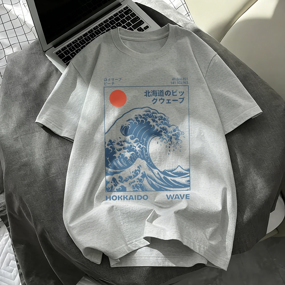 Camisetas japonesas con estampado de olas de Hokkaido, camisetas de algodón de manga corta para mujer, camisetas suaves de gran tamaño, ropa informal con cuello redondo