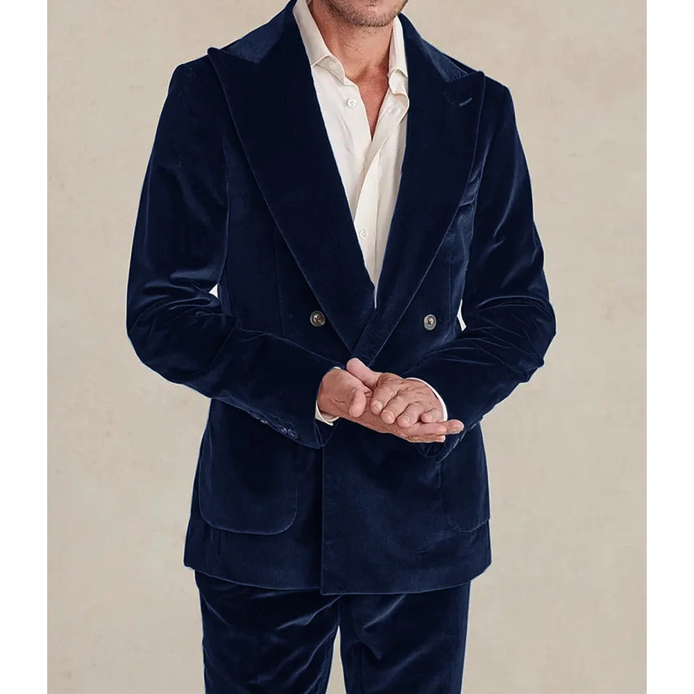 

Men Velvet 2 Piece Suit Double Breasted Slim Fit Comfortable Elegant Business Suits Casual Fashion Blazer Pant Formal Wedding Gr