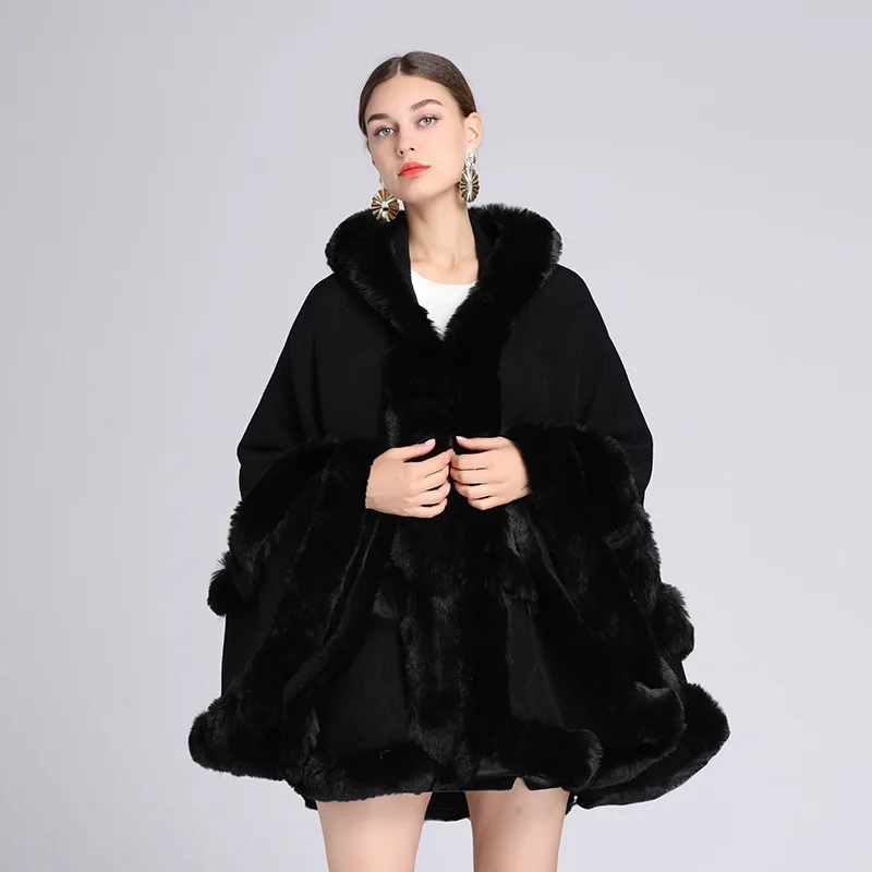 Autumn and Winter New Imitation Otter Rabbit Fur Collar Hooded Shawl Cape Plus Size Knitted Jacket Cardigan for Women