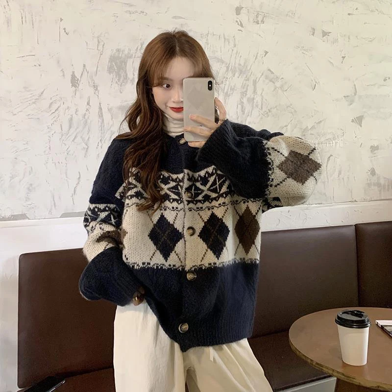 Zoki coreano Patchwork Cardigan maglioni donna vento pigro Vintage Argyle manica lunga cappotto lavorato a maglia Casual O collo stampa femminile top