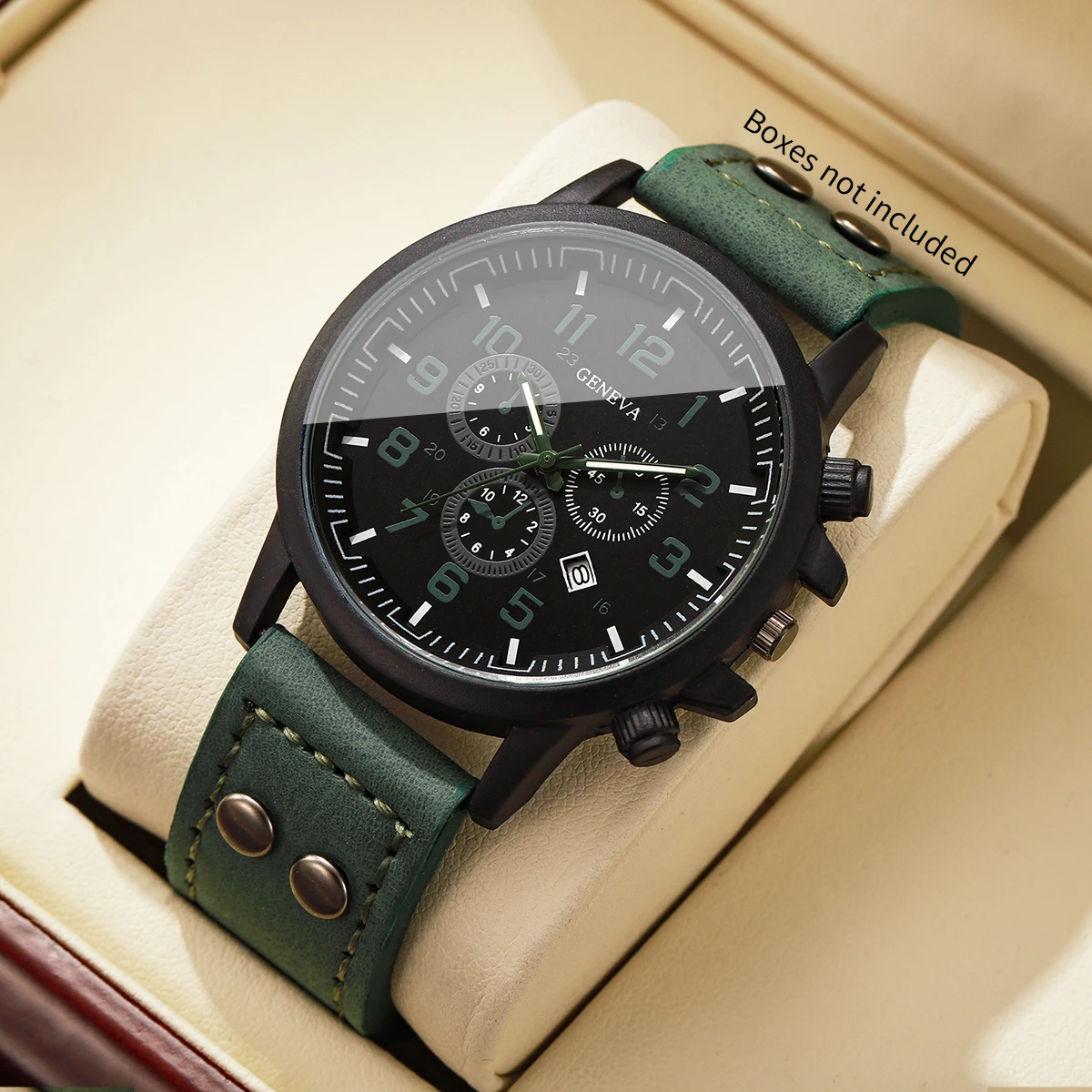 Fashion Military Sports Men Quartz Watch Green Leather Strap Calendar Analog Male's Wristwatch Relogio Masculino（Without Box）
