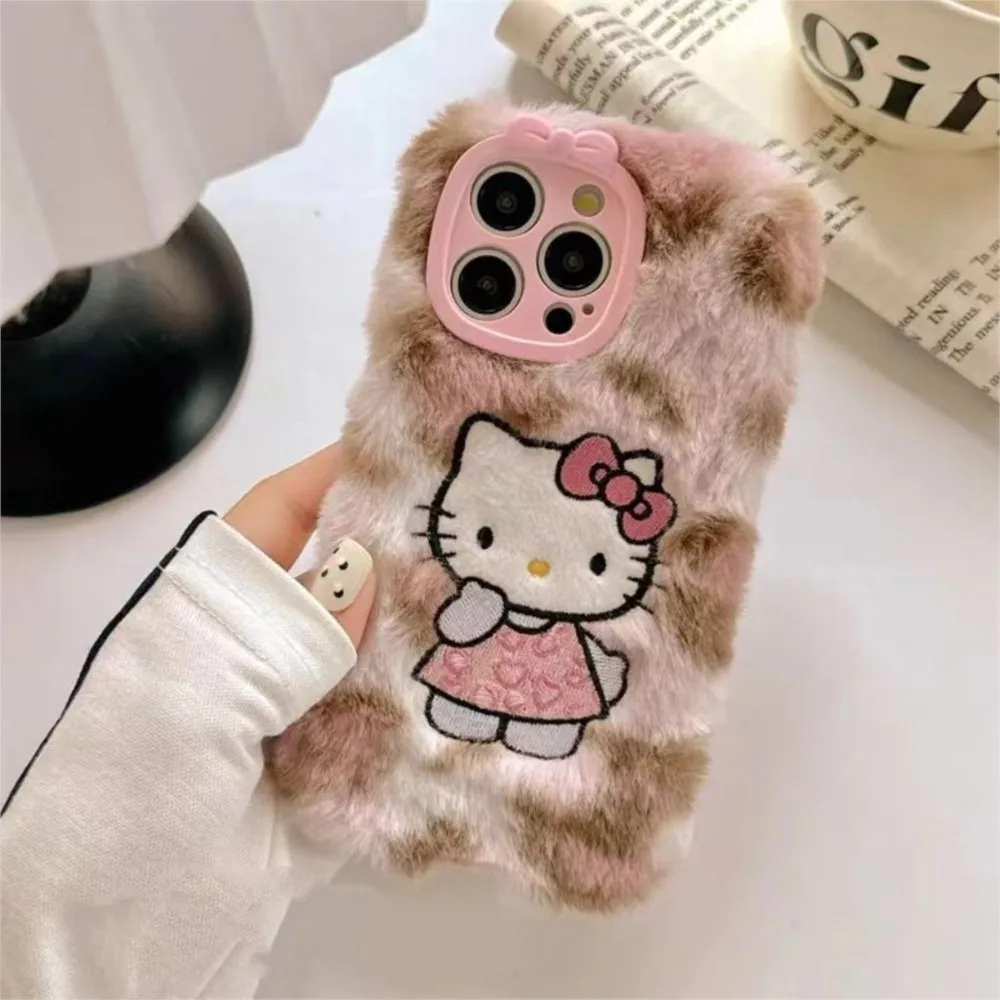 Luxury embroidery Hello kitty Cat Fluffy Fur phone case protection for iPhone 16 15 13 12 11 14 Pro Max X Lovely Plush Coque