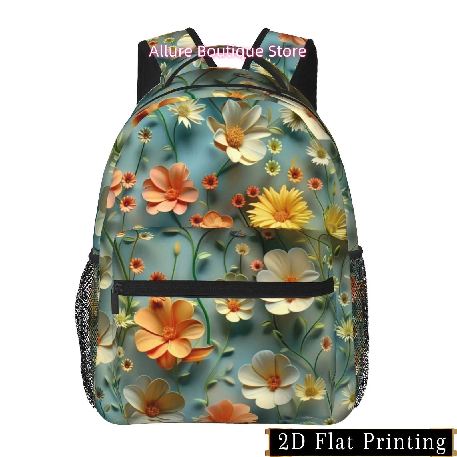 's & 's Turquoise Blue & Golden Daisy Print Backpack with Padded Shoulder Waist Straps, Tablet Pocket Zippered Compartments