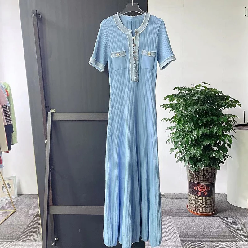 YuooMuoo Brand Fashion Denim Patchwork O-neck  Single Breasted Knit Maxi Dress Elegant Pockets Long Shirt Dress Vacation Robes