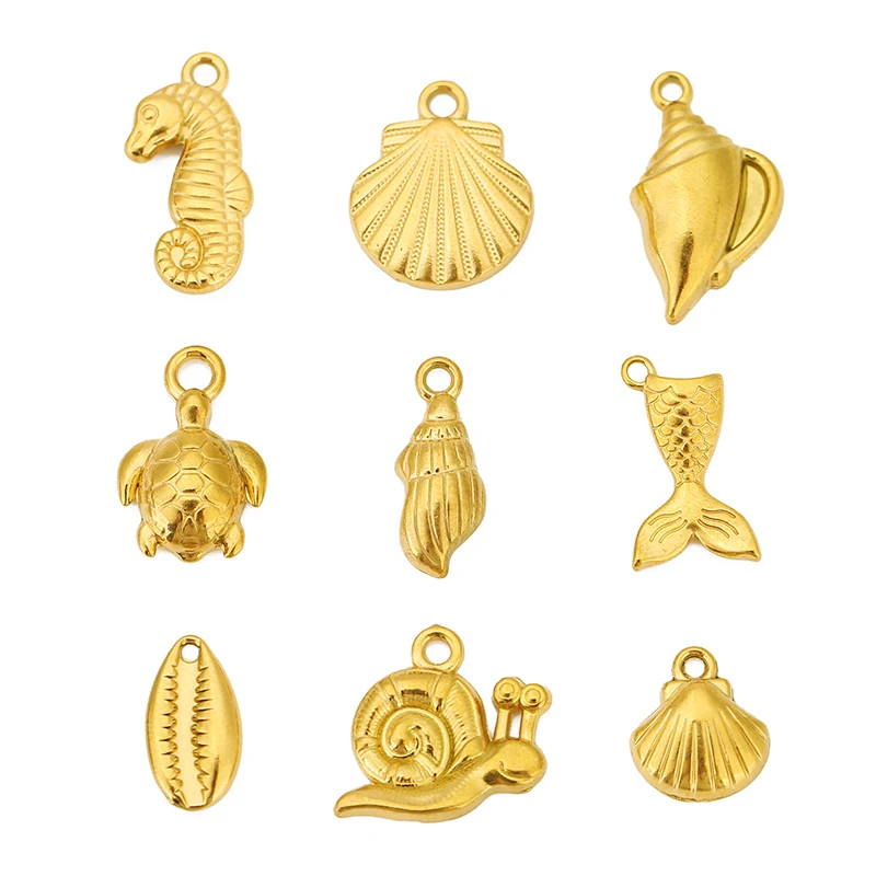 3pcs Stainless Steel Fishtail Snail Charm Shell Seahorse Tortoise Charm for Making Earring Necklace Bracelet Jewelry Accessories