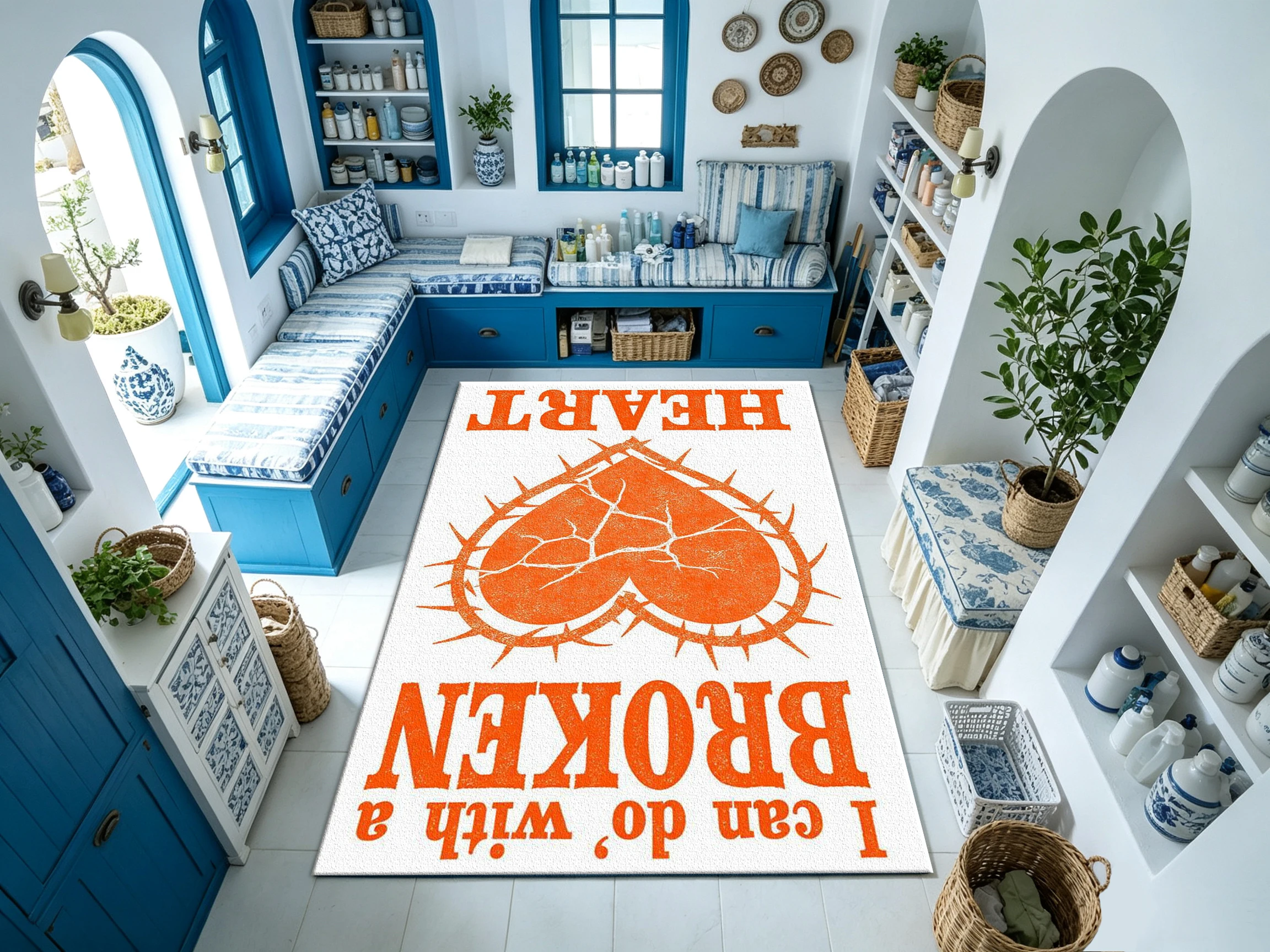 Vintage Broken Heart-Shaped Thorns Text Print Carpet Creative Art Home Floor Carpet Suitable for Living Room Bedroom Interior Decoration