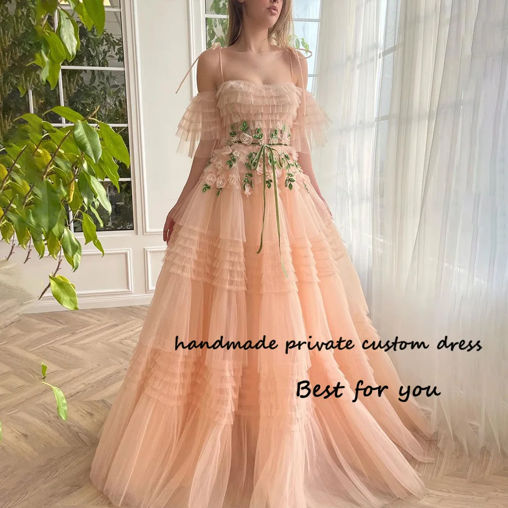 

Coral Tulle Fairy Evening Party Dresses Bow Straps 3D Flowers Princess Prom Dress Long A Line Occasion Celebrate Gowns