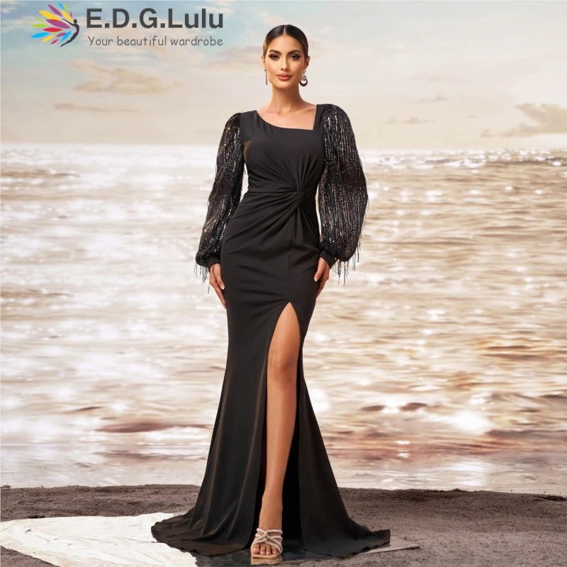 

EDGLuLu Diagonal Neck Tassel Long Sleeved Black Party Evening Gown Women Elegant High Slit Long Mermaid Dress 0412
