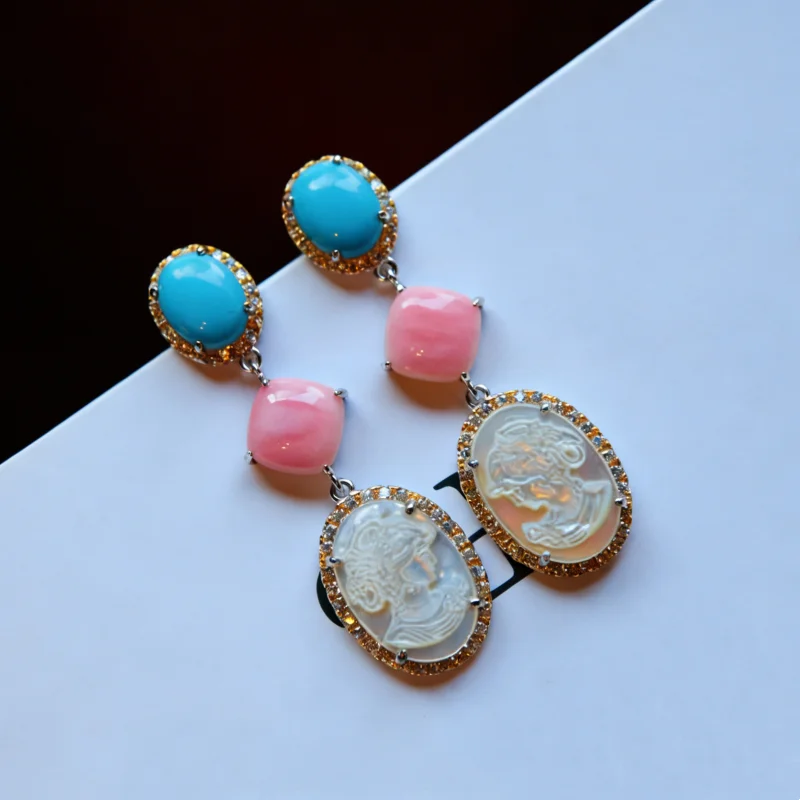 Bellux Jewelry 925 Silver Earrings Natural Pink Queen Shell Oval Turquoise Cameot White Beimu Earrings Female