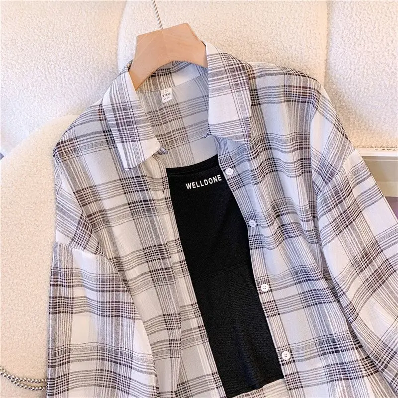 Ice Silk Plaid Loose Street Casual Cardigan Summer New Long Sleeve Polo Neck Vintage Shirt Tops Fashion Trend Women Clothing