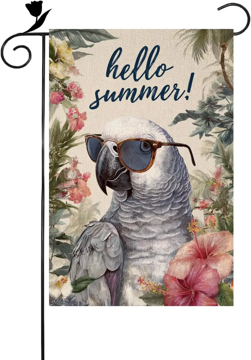 Ice ink Hello Summer parrot Flowers And Palm Trees 12x18 Inch Double Sided Linen Small Yard Flag House Flags for Outdoor Hom AAS