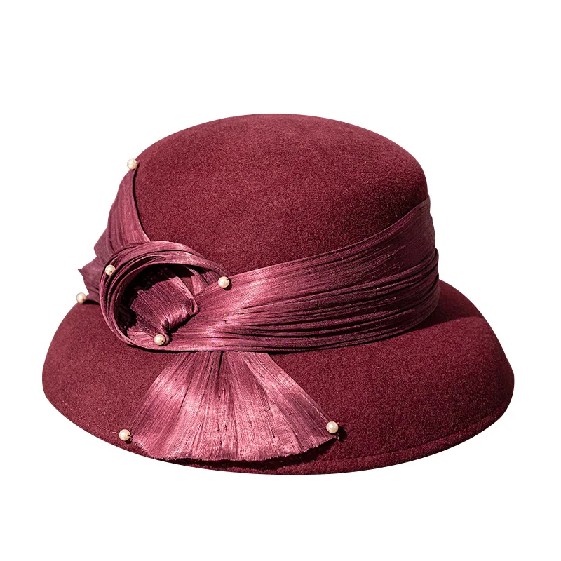 2025 Nowe Formalne Kapelusze Zimowe Czysty 100% Wełniany Filcowy Kapelusz Fedora Wino Czerwona Perłowa Wełna Prezent dla Matki Lady Najwyższej Klasy Bankiet Ślubny