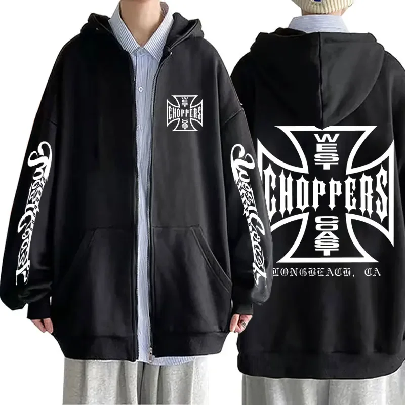 West Coast Choppers Cross Graphic Print Zipper Hoodie Men Hip Hop Gothic Vintage Zip Up Jacket Men\'s Fleece Oversized Hoodies