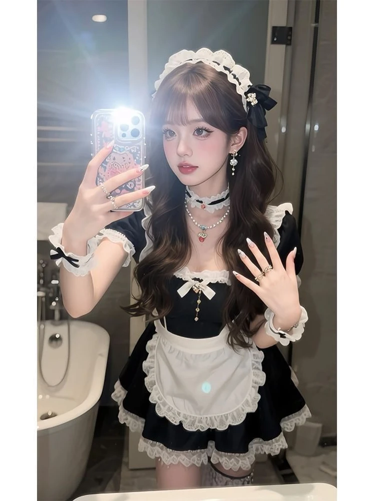 

2026 Hot Girl Fashion Kawaii Lolita Slim Dress Suit Women Sweet Designer Hepburn Chic Bow Lace Short Sleeve 2-piece Set Female