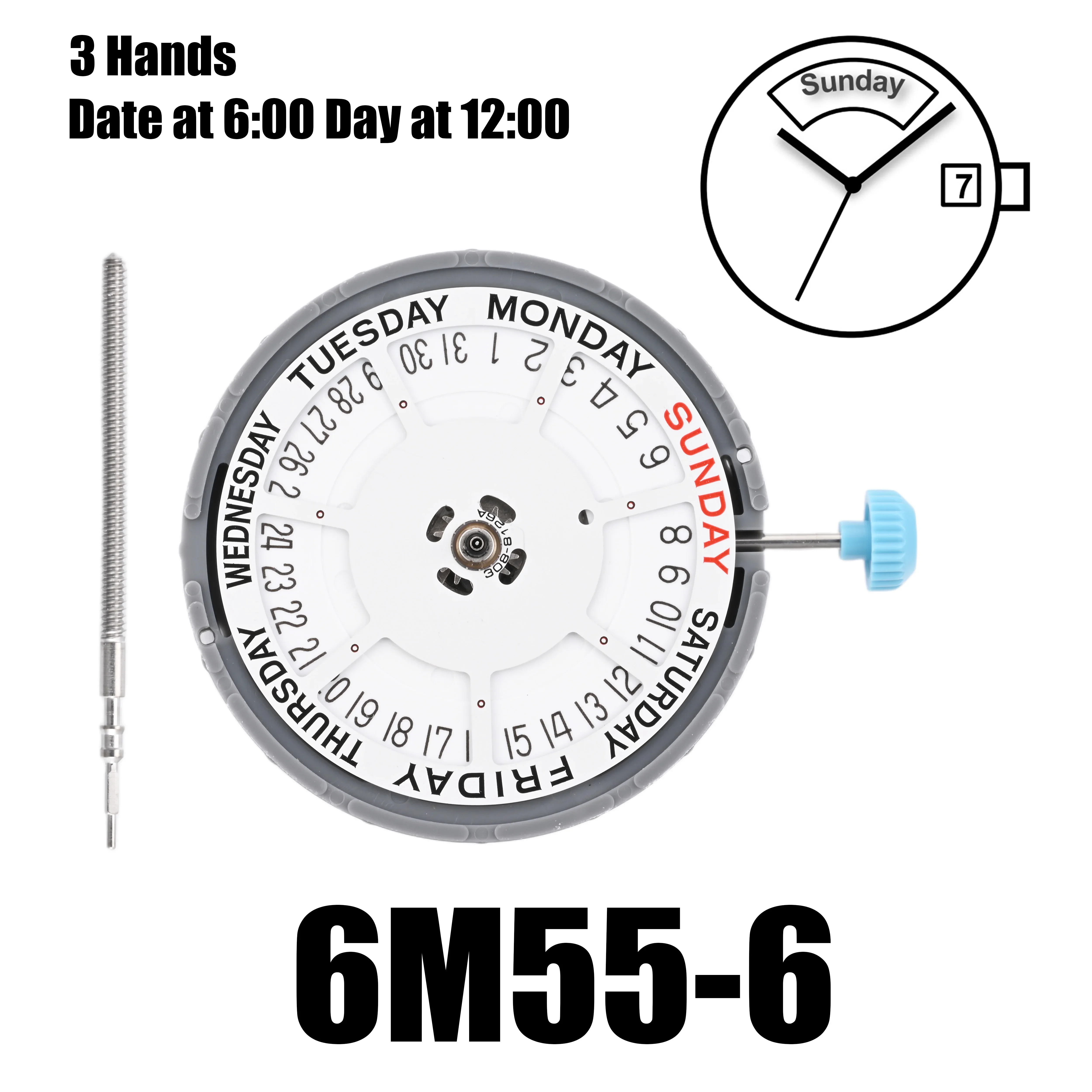 6M55 Movement Miyota 6M55-6 Day at 12:00 Date at 6:00 Three Hands Watch movement accessories