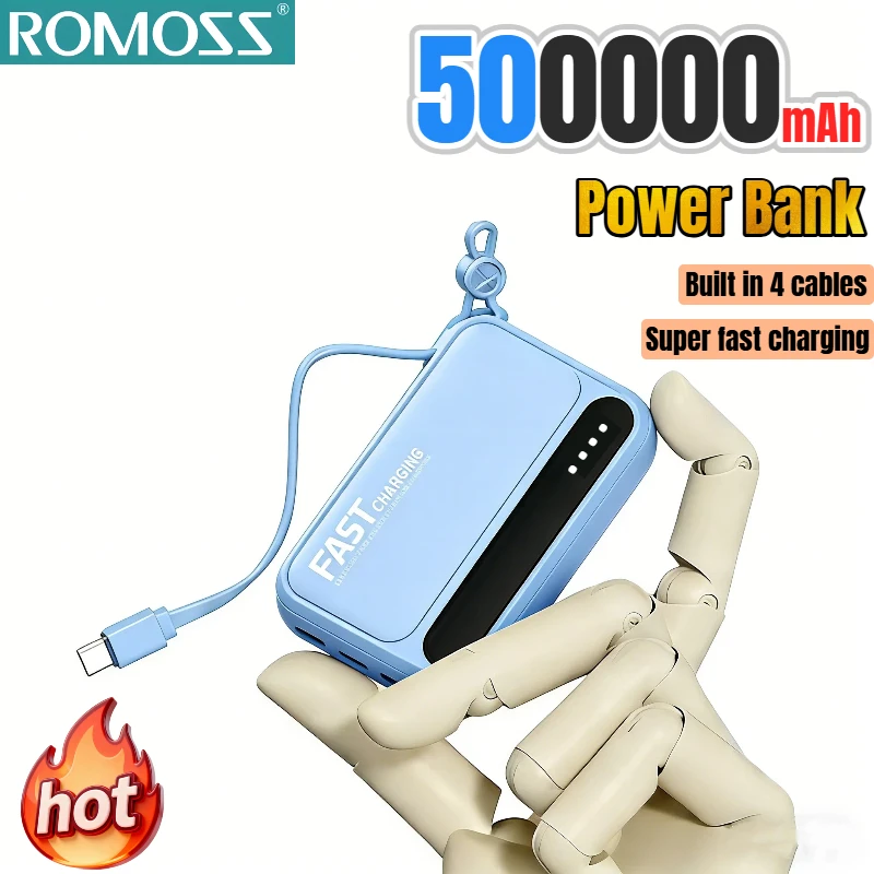

Внешний аккумулятор ROMOSS 500000 мАч со встроенными 4 кабелями, большой емкостью, интеллектуальным цифровым дисплеем, легкий и портативный