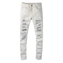 Men Paisley Bandana Print Patch Biker Jeans Streetwear Patchwork Ripped White Stretch Denim Pants Skinny Tapered Trousers