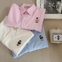 Children's Shirt 2025 Spring Cartoon Boys' Girls' Long Sleeve Blouses Shirts Korean Children's Clothing Pink Blue White Blouse