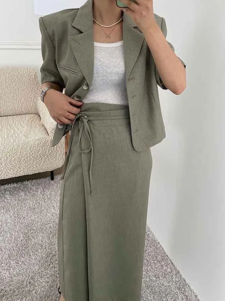 Women\'s Spring Summer Blazer Matching Sets Single Breasted Jacket Top with Lacing Up Long Pencil Skirts Suits