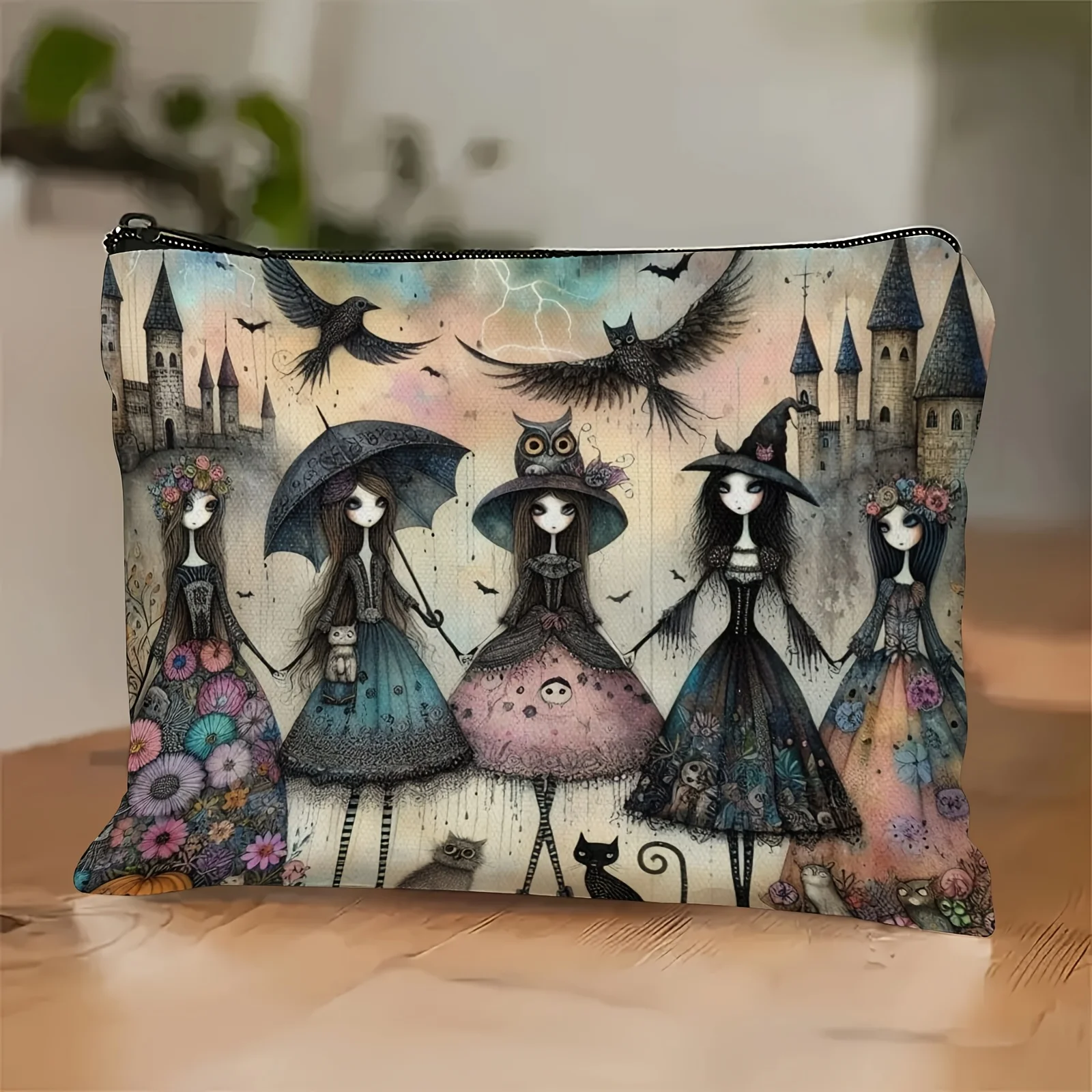 Whimsical Gothic Makeup Bag - Enchanted Witch, Black Cat & Owl Design Cosmetic Pouch for Travel, Halloween-Themed Storage Bag