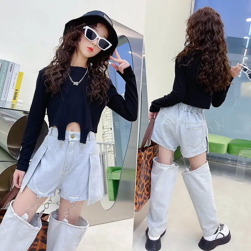 Kids Girl Hip Hop Clothing Sets Long Sleeves Crop Tops Jeans Pants with Chain New Fashion Clothes Streetwear Dance Stage Costume