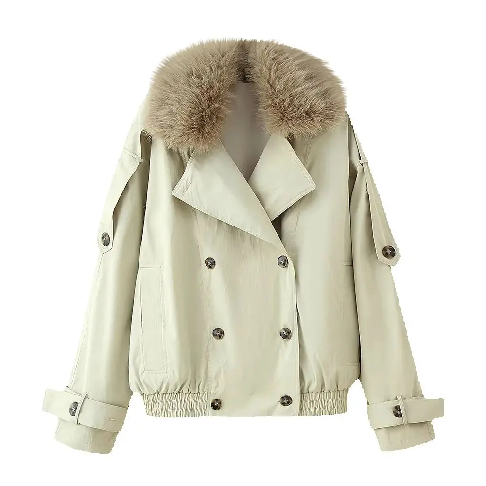 

New autumn and winter women's button closure detachable faux fur lapel short waterproof windbreaker