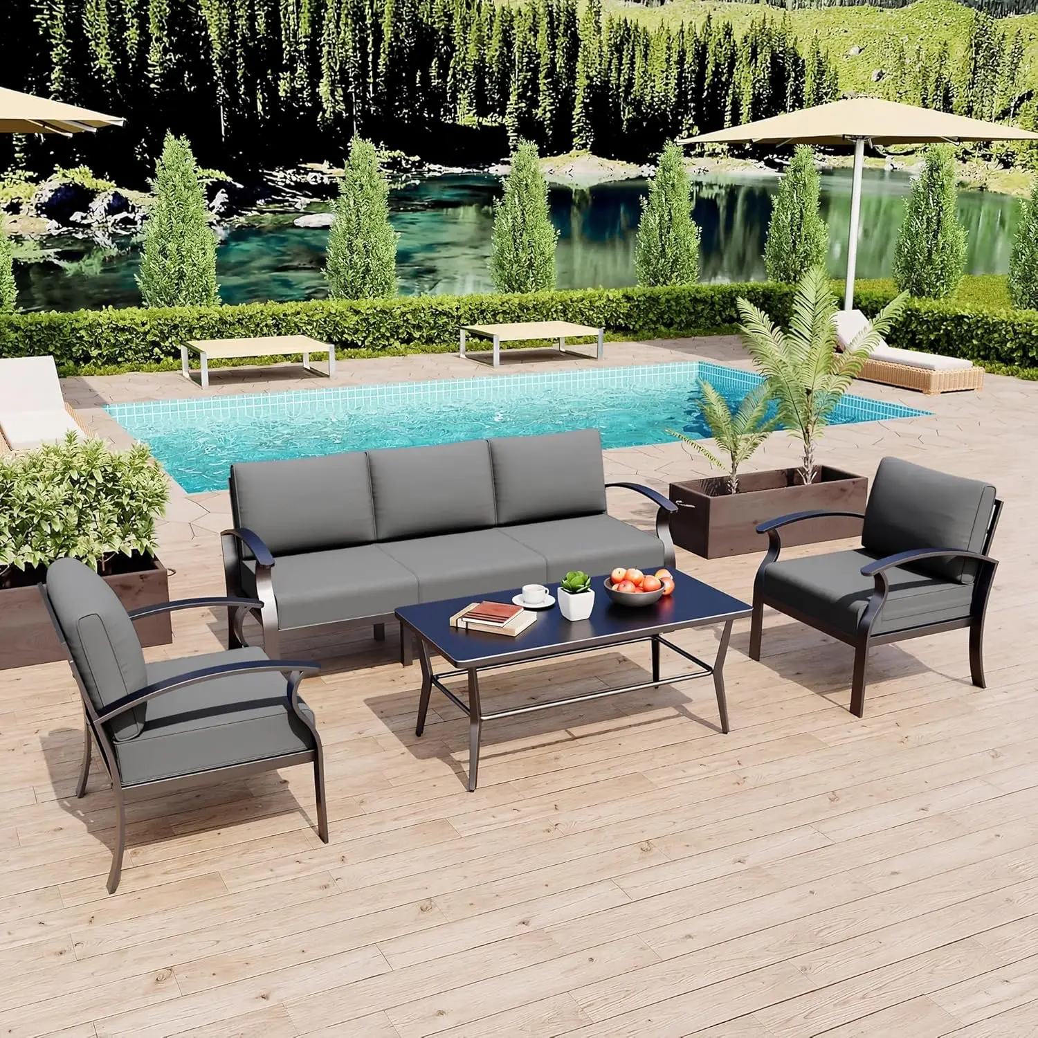 

Aluminum Patio Furniture Set 5-Seat Modern Metal Outdoor Conversation Sets w/5.1 Inch Cushion Patio Sectional Sofa with Rectangu