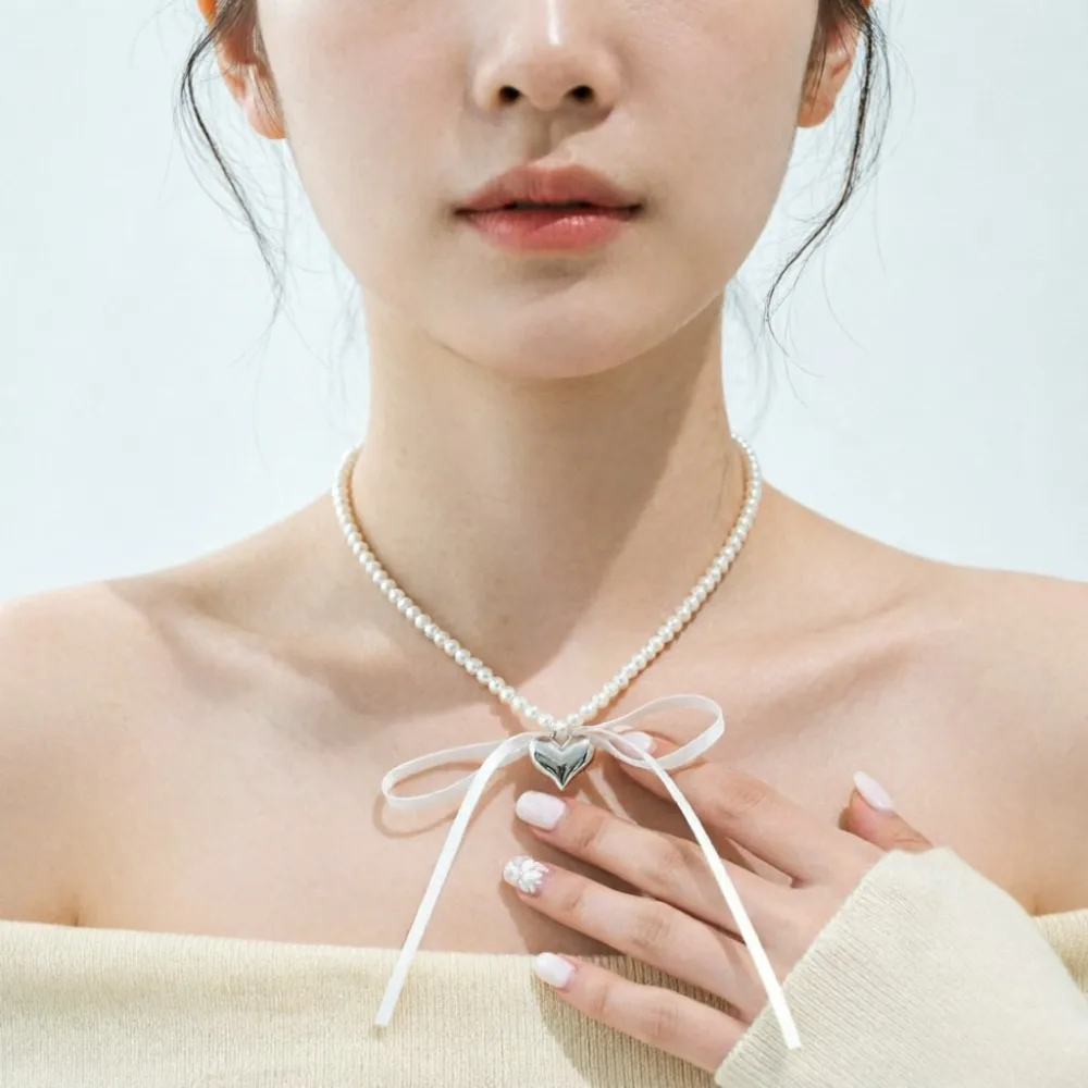 2026 New Korean Romantic Imitation Pearl Beaded Choker Heart-Shaped Pendant Necklace Fashion Jewelry Accessories Gifts
