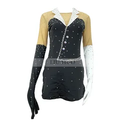 LIUHUO Women Aldult Teens Customize Black Costume Performance Competition Leotard Ice Figure Skating Dress Dance Glove Sleeve