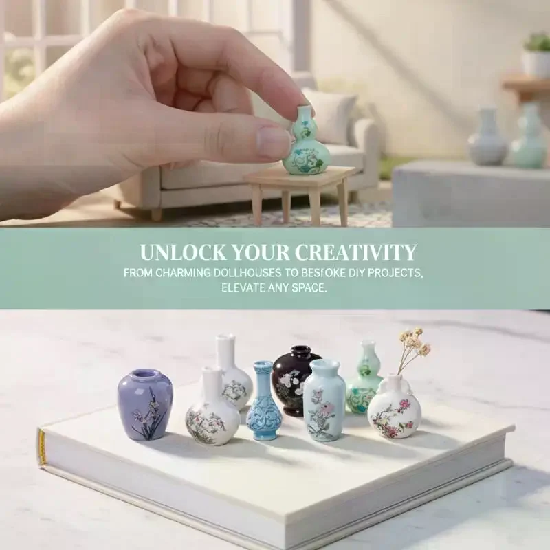 8Pcs Mini Vase Resin Figurine Imitation Porcelain Bottle Creative Micro Landscape Ornament DIY Home Desktop Decor Accessories