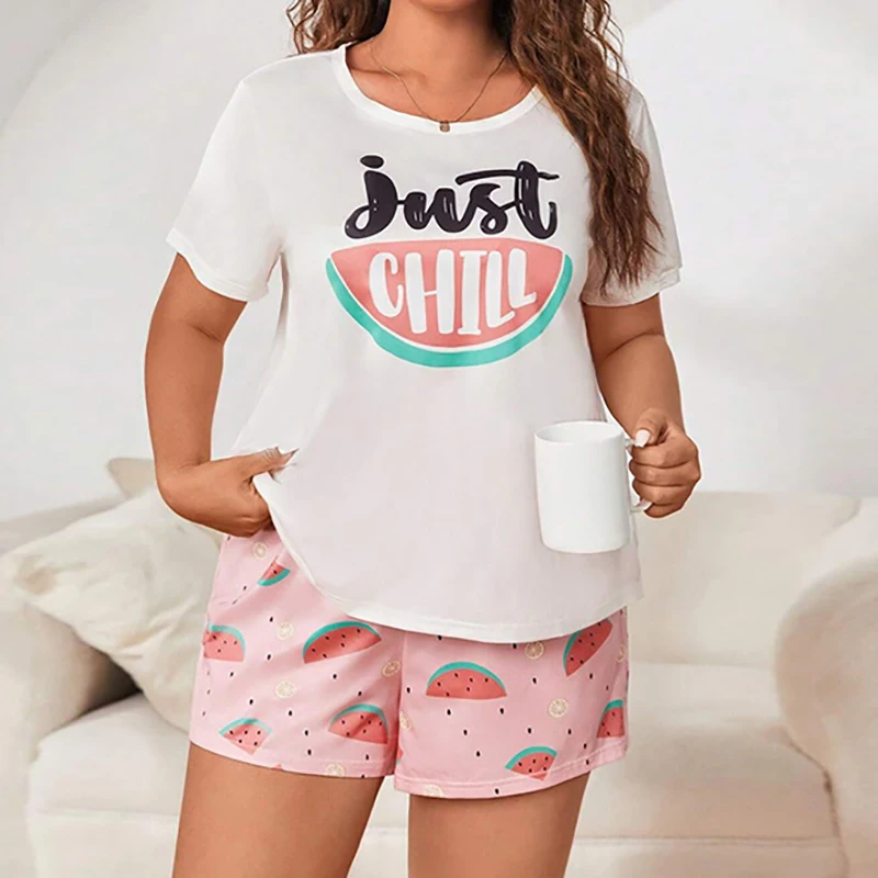 2-piece Plus Size XL-5XL Oversized Sleepwear Women's Pajamas Set Short Sleeve T-Shirt Plaid Print Shorts Suit Loungwear Summer